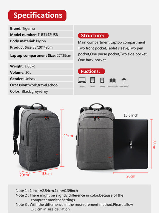 TIGERNU T-B3142USB laptop backpack specifications showing 30L capacity and organization features for students and professionals