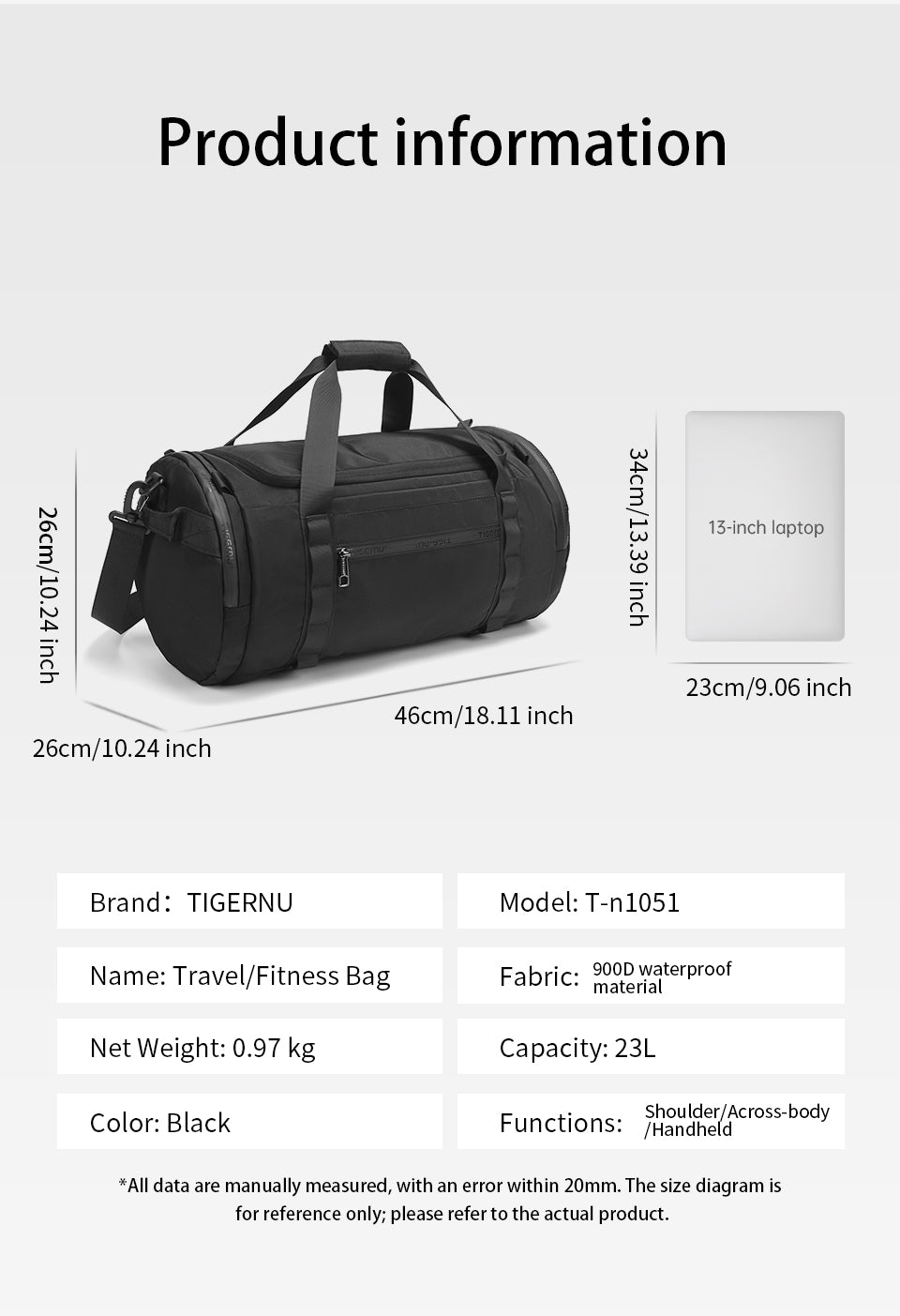 TIGERNU T-N1051 gym bag product information showing dimensions, capacity, and multi-functional design features