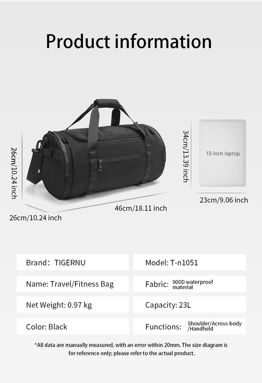 TIGERNU T-N1051 gym bag product information showing dimensions, capacity, and multi-functional design features