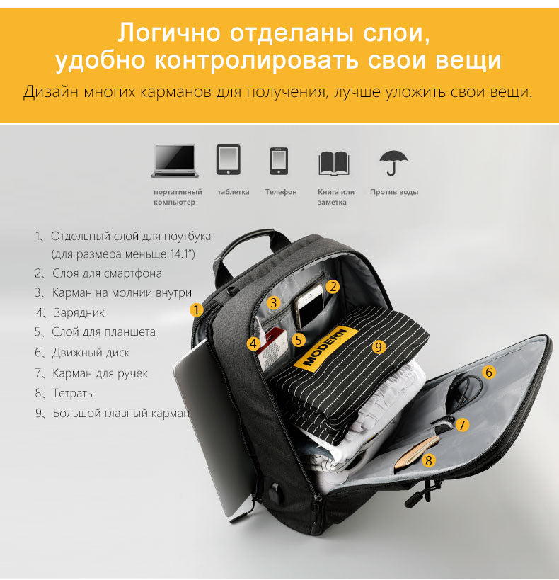 TIGERNU T-B3305 minimalist laptop backpack showing organized compartments and built-in security features for students and professionals