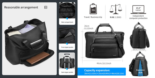 TIGERNU T-N1026 expandable travel bag showing 6L expandable capacity from 25L to 31L, concise appearance design