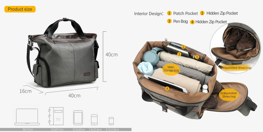  TIGERNU T-N1030 travel bag with multi-compartment design showing main storage area, zipper pockets, shoe compartment, and organized interior layout