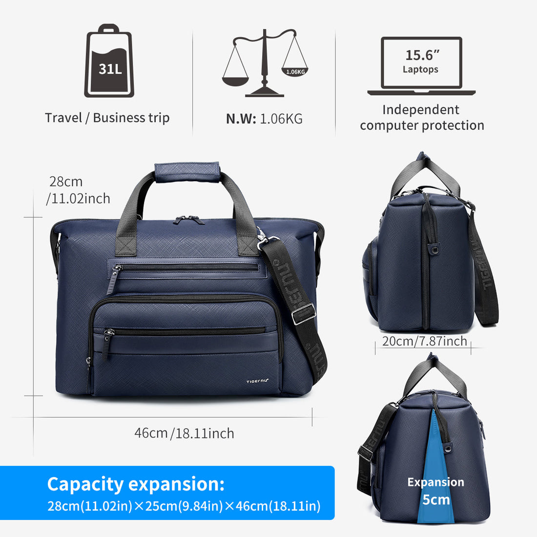 Discover the TIGERNU T-N1026 travel bag with incredible 30L large capacity that fits a laptop, 4 tops, 4 trousers, shoes, and more. Perfect for efficient packing and travel adventures.