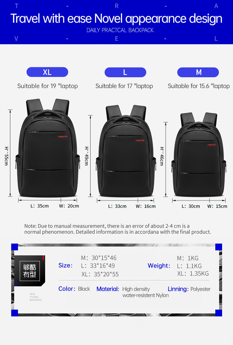 TIGERNU T-B3032 laptop backpack showing three sizes - perfect daily backpack for students and professionals