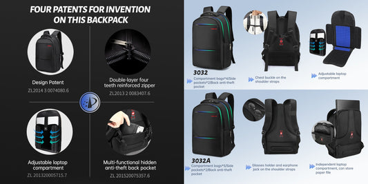 TIGERNU T-B3032 anti-theft backpack showing three size options - 19 inch, 17 inch, and 15.6 inch models with detailed dimensions and capacity specifications for laptop compartments