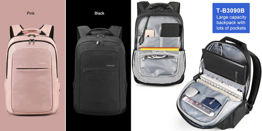 TIGERNU T-B3090B pink waterproof backpack showing multi-compartment design with dedicated laptop compartment, large capacity storage, and organized pocket system for tablets, magazines, and notebooks