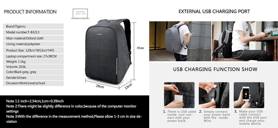 TIGERNU backpack T-B3213 with external USB charging and abundant storage design