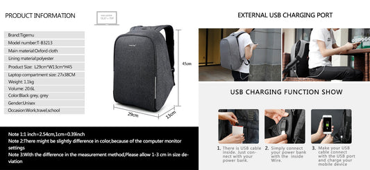 TIGERNU T-B3213 anti-theft laptop backpack with hidden zipper, USB charging port, separate 15.6 inch laptop compartment, large capacity design with abundant storage space and power bank pocket
