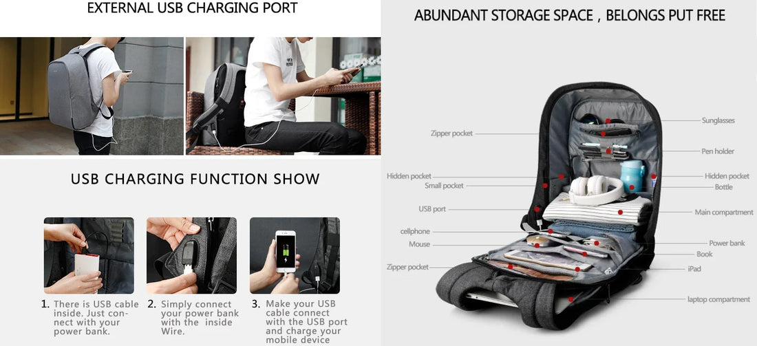 TIGERNU T-B3213 student laptop backpack open showing 11-compartment organization system with dedicated laptop sleeve, tablet pocket, document sections, cable pocket, and front quick-access zone — the best organized backpack for students