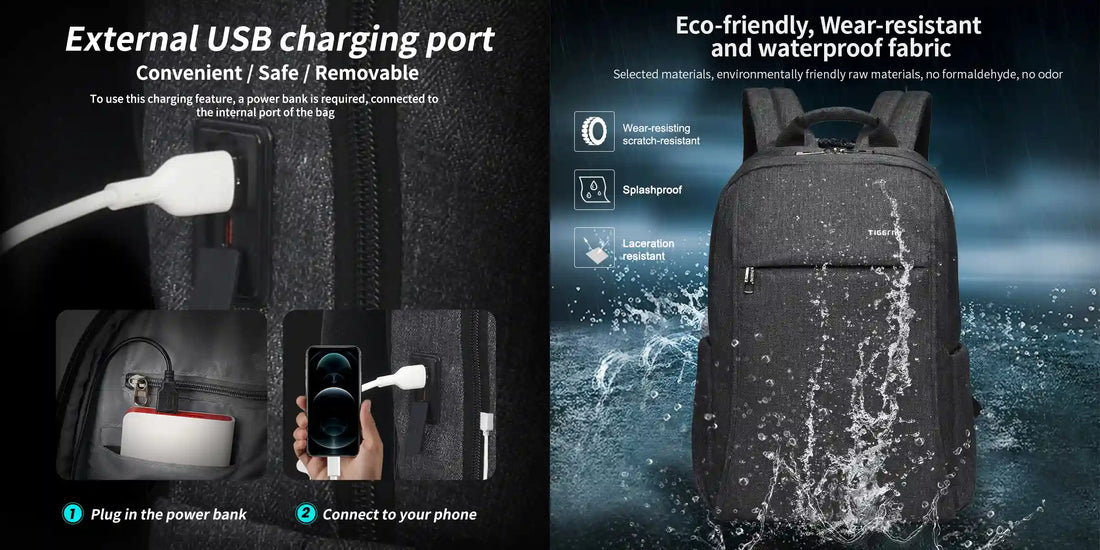TIGERNU T-B3221 laptop backpack external USB charging port detail, allowing users to charge devices through the bag without exposing cables — the ultimate cable management solution for daily commuters and students