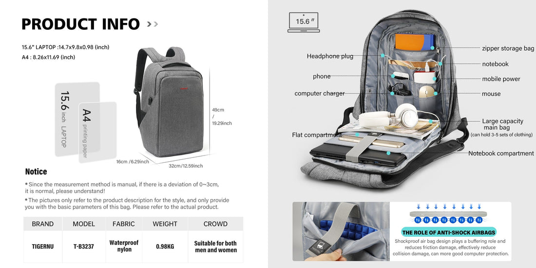 TIGERNU backpack T-B3237USB with reasonable partitioning and 180-degree accessibility