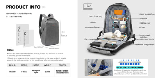 TIGERNU T-B3237USB backpack interior showing reasonable partitioning multi-pocket loading system with labeled compartments for laptop, notebook, mobile power, mouse, computer charger, phone, and large capacity main bag holding 3-5 sets of clothing