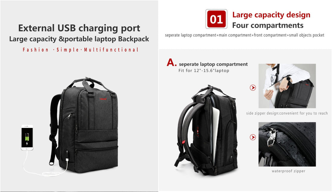 Discover the TIGERNU T-B3243 laptop backpack with innovative four-compartment design and back hidden pocket for maximum security. Features waterproof zippers, external USB charging, and fits 15.6-inch laptops. Perfect for professionals and students.