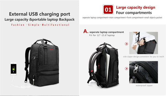 Discover the TIGERNU T-B3243 laptop backpack with innovative four-compartment design and back hidden pocket for maximum security. Features waterproof zippers, external USB charging, and fits 15.6-inch laptops. Perfect for professionals and students.