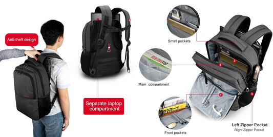 TIGERNU T-B3259 backpack showing external USB charging port design with separate laptop compartment, main compartment, small pockets, front pocket, left and right zipper pockets, and anti-theft back hidden pocket for comprehensive organization