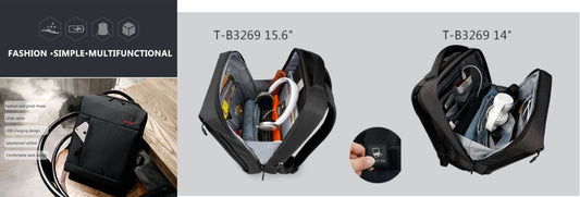 TIGERNU T-B3269 backpack USB charging system demonstration showing three steps: connecting power bank inside with USB wire, plugging cellphone cable to external USB port, and charging mobile device on the go