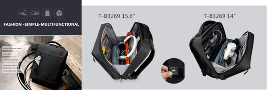 TIGERNU T-B3269 splashproof laptop backpack made with 600D Oxford fabric, featuring USB charging port, padded laptop compartment up to 15.6 inches, and smart organization pockets — perfect for students, professionals, and everyday travel