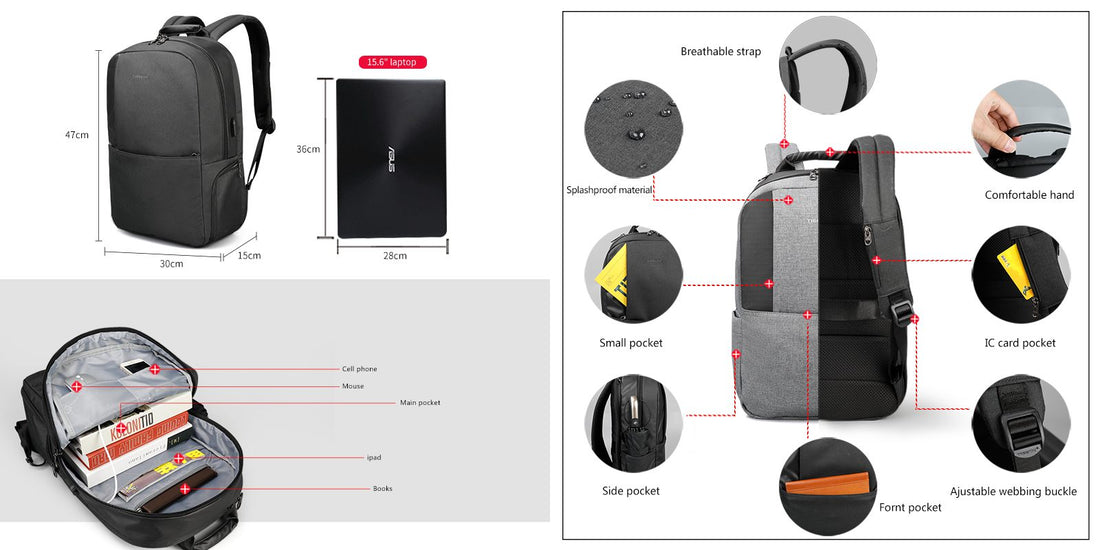 TIGERNU T-B3506 minimalist laptop backpack in grey with 3D breathable honeycomb back panel, S-shaped ergonomic straps, USB charging port, and dedicated 15.6-inch laptop compartment — 1.03kg lightweight design for professionals and students