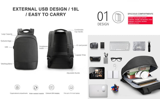 TIGERNU backpack T-B3595 with external USB design and optimal 18L capacity