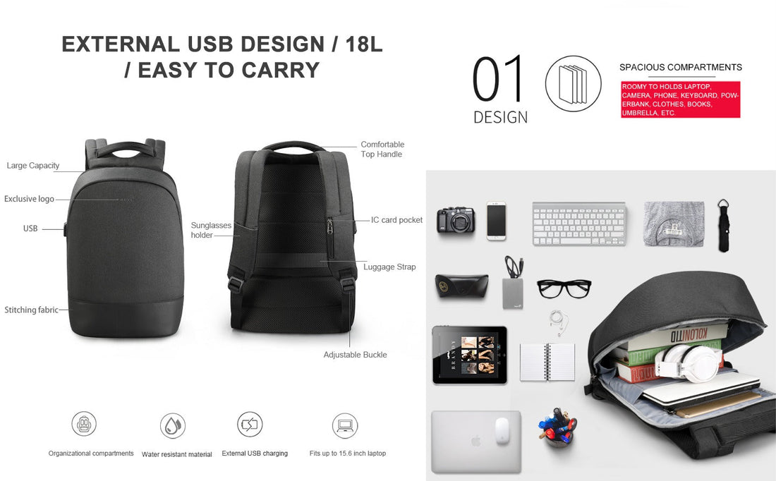 TIGERNU T-B3595 laptop backpack with external USB charging port, water-resistant Oxford fabric, and 18L capacity for 15.6 inch laptops