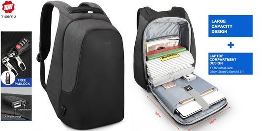 TIGERNU T-B3615B laptop backpack with headphone jack, USB charging port, hidden anti-theft zipper pocket, 600D material, fits 15.6 inch laptop with iPad mini and A4 paper capacity