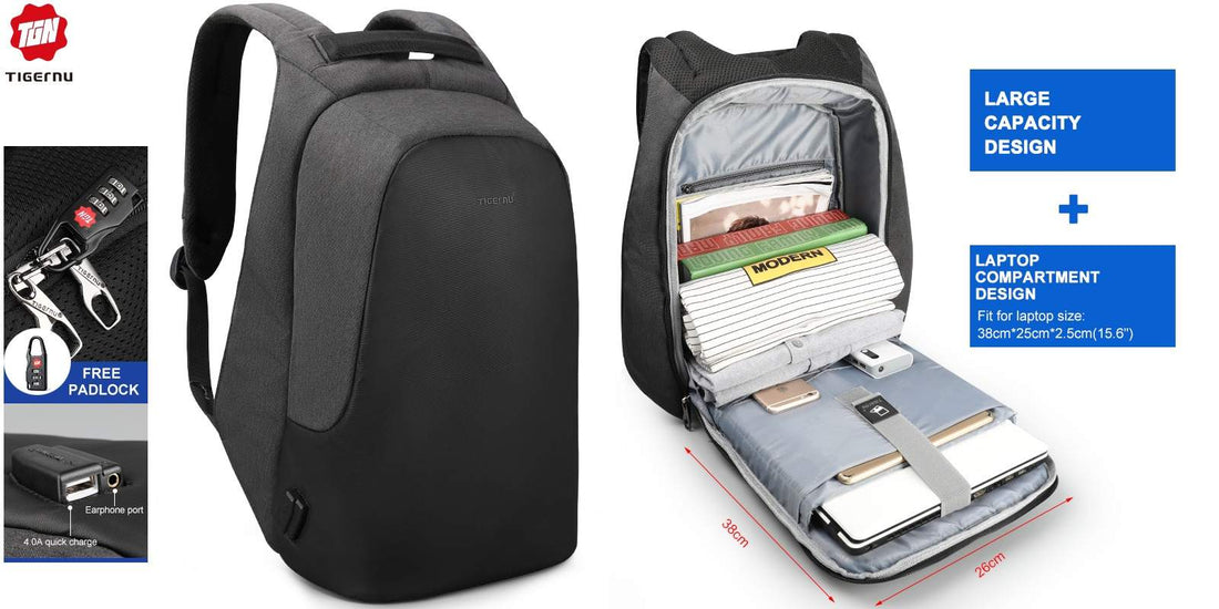 TIGERNU T-B3615B laptop backpack with headphone jack, USB charging port, hidden anti-theft zipper pocket, 600D material, fits 15.6 inch laptop with iPad mini and A4 paper capacity