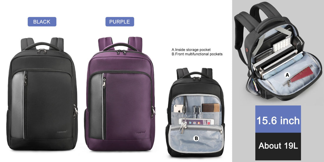 TIGERNU T-B3668 anti-theft laptop backpack with external USB charging port, 3.5mm audio port, reflective stripe, waterproof TPU material, and hidden RFID safety pocket