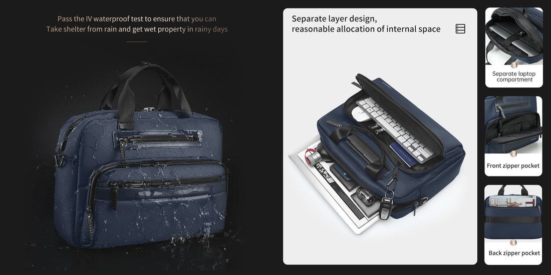 TIGERNU T-L5207 work laptop bag showing high-density waterproof material with IV level protection, separate layer design with reasonable space allocation