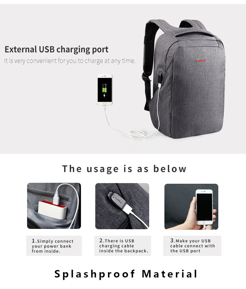 Discover the TIGERNU T-B3237USB smart laptop backpack with external USB charging port, anti-theft design, and scientific space organization. Perfect for students and office workers with laptops up to 15.6 inches.