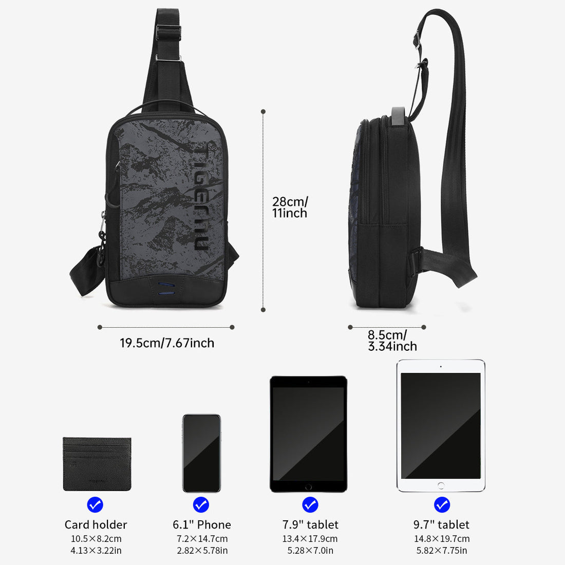 TIGERNU T-S8189 fashion chest bag and men crossbody bag showing specifications, compartment structure, and design features - perfect crossbody bag for men with multiple pockets and organized storage