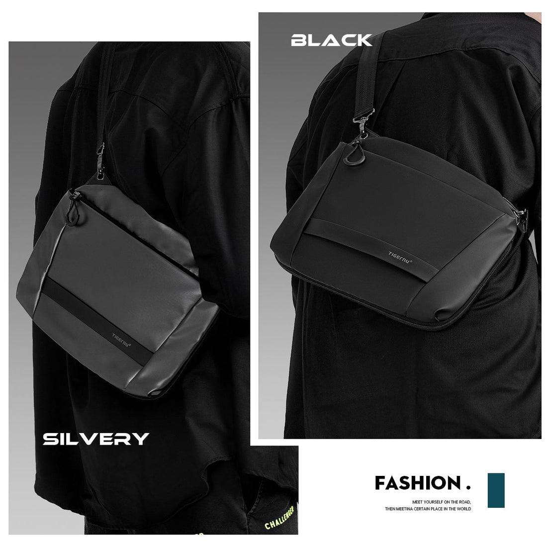 TIGERNU T-S8359 men crossbody bag in black showing dimensions, capacity, and design features - perfect crossbody bag for men with expandable storage and anti-theft design