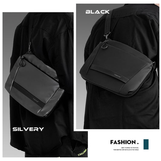 TIGERNU T-S8359 men crossbody bag in black showing dimensions, capacity, and design features - perfect crossbody bag for men with expandable storage and anti-theft design