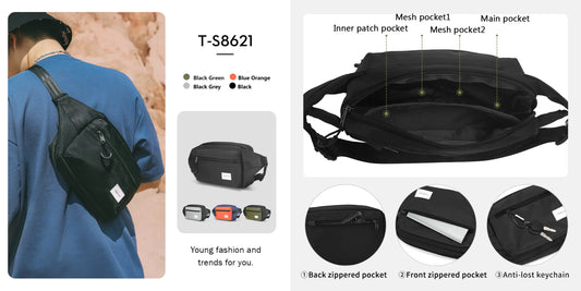 TIGERNU T-S8621 men crossbody bag and phone bag showing interior compartment pockets including mesh pockets and zippered storage