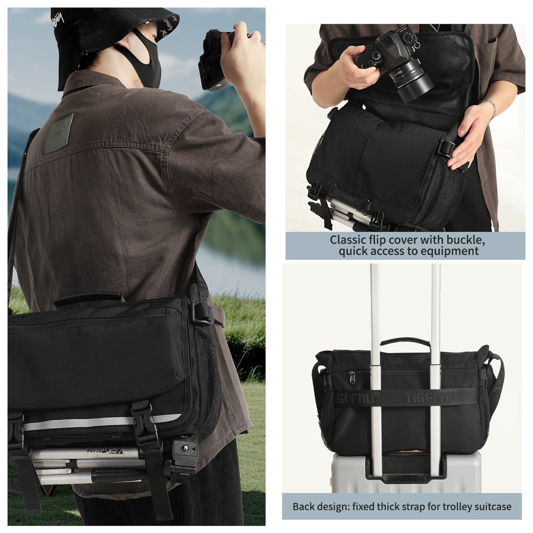 TIGERNU T-S8953 crossbody camera bag for daily use featuring quick-release camera protective insert, 900D vintage composite material, 210 Jacquard lining, adjustable tripod strap, perfect for photography enthusiasts shopping at crowded tourist