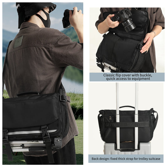 TIGERNU T-S8953 crossbody camera bag for daily use featuring quick-release camera protective insert, 900D vintage composite material, 210 Jacquard lining, adjustable tripod strap, perfect for photography enthusiasts shopping at crowded tourist