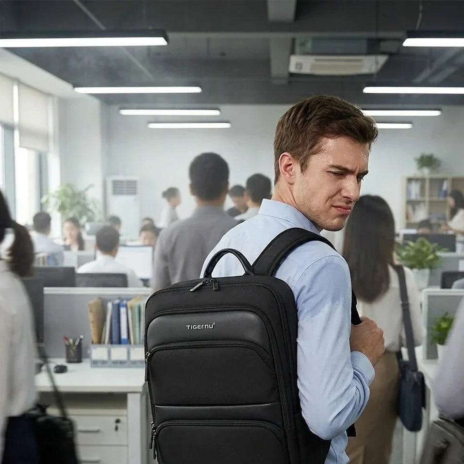 Young commuter with a laptop backpack looking uncomfortable in a crowded subway — summer heat and humidity causing bag odor concerns