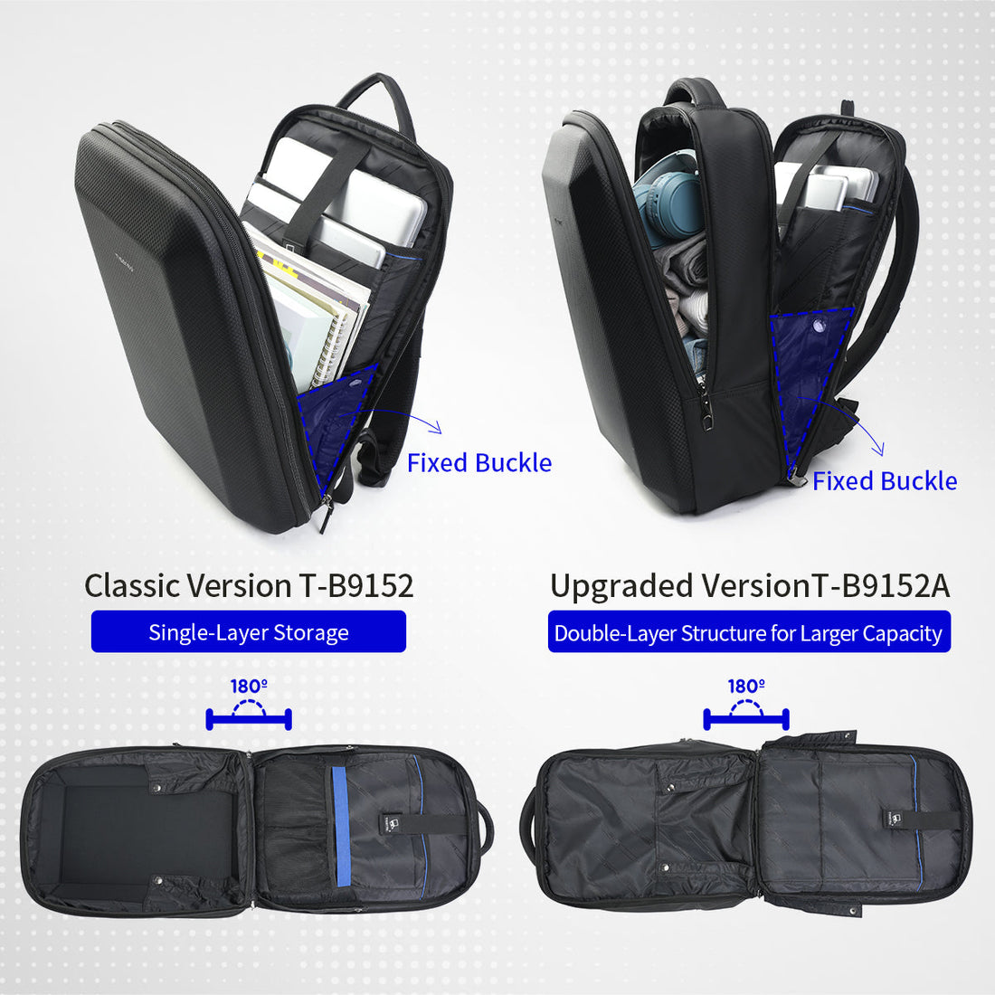 TIGERNU men backpack with 180 degree opening showing internal compartments and organization