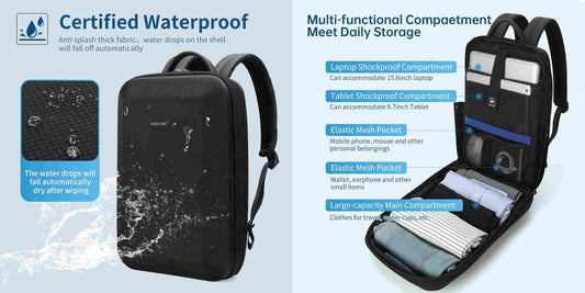 A TIGERNU T-B9152 hard shell laptop backpack opened flat at 180 degrees on a clean surface, revealing organized compartments for laptop, documents, cables, and travel essentials — the ideal business travel backpack for professionals who pack smart