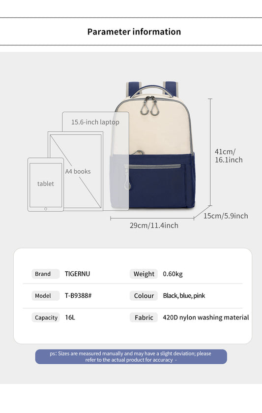 TIGERNU T-B9388 laptop backpack parameter information showing 16L capacity, dimensions, and 15.6-inch laptop compatibility