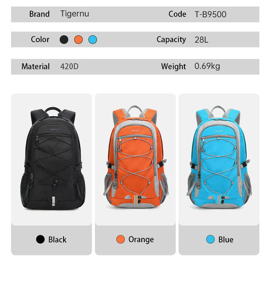 TIGERNU T-B9500 laptop backpack in black, orange, and blue colors showing 28L capacity and features
