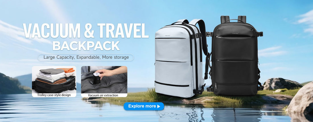TIGERNU vacuum compression backpack with one-touch vacuum technology, waterproof nylon construction, multiple compartments, and ergonomic shoulder straps — ideal for business travel, hiking, and space-saving packing