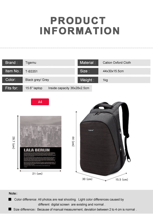 TIGERNU T-B3351 compact laptop backpack showing reasonable structure design and large capacity organization for students and professionals