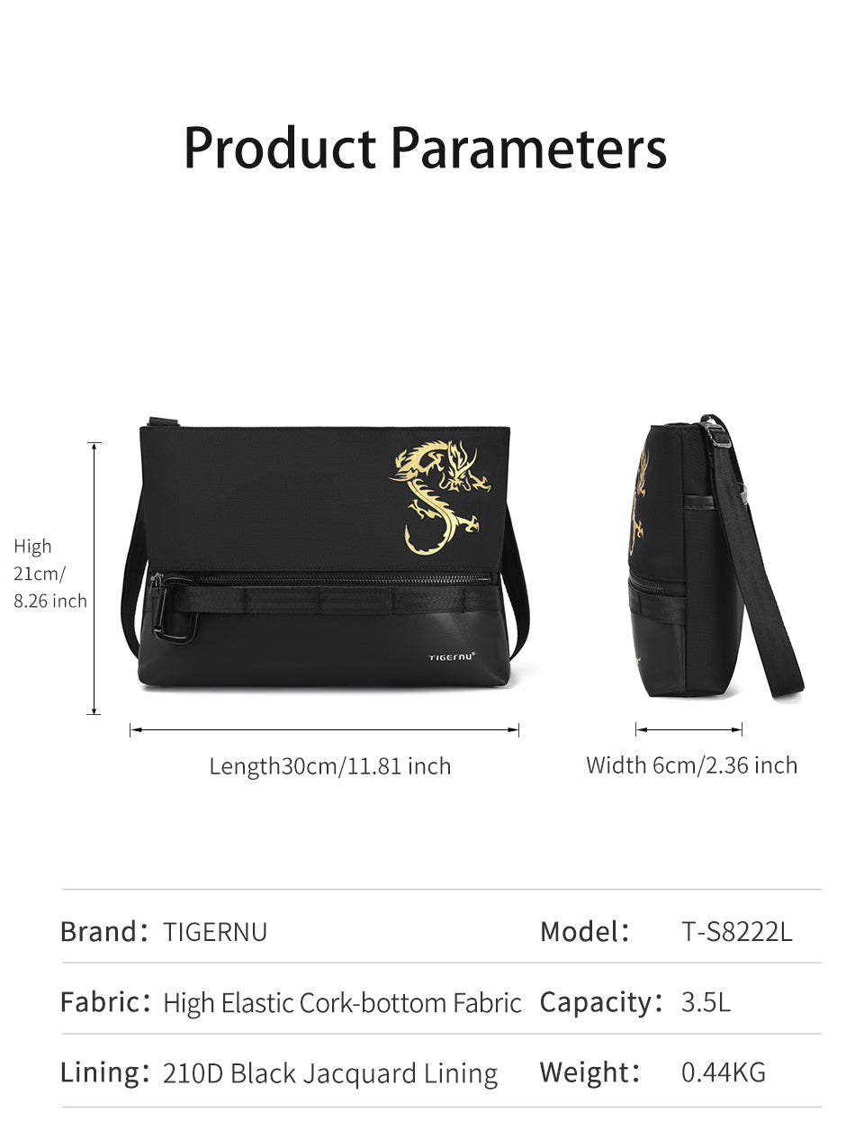TIGERNU T-S8222L men crossbody bag showing product parameters, dimensions 30x21x6cm, capacity 3.5L, weight 0.44kg, high elastic cork-bottom fabric with organized compartments - perfect crossbody bag for men
