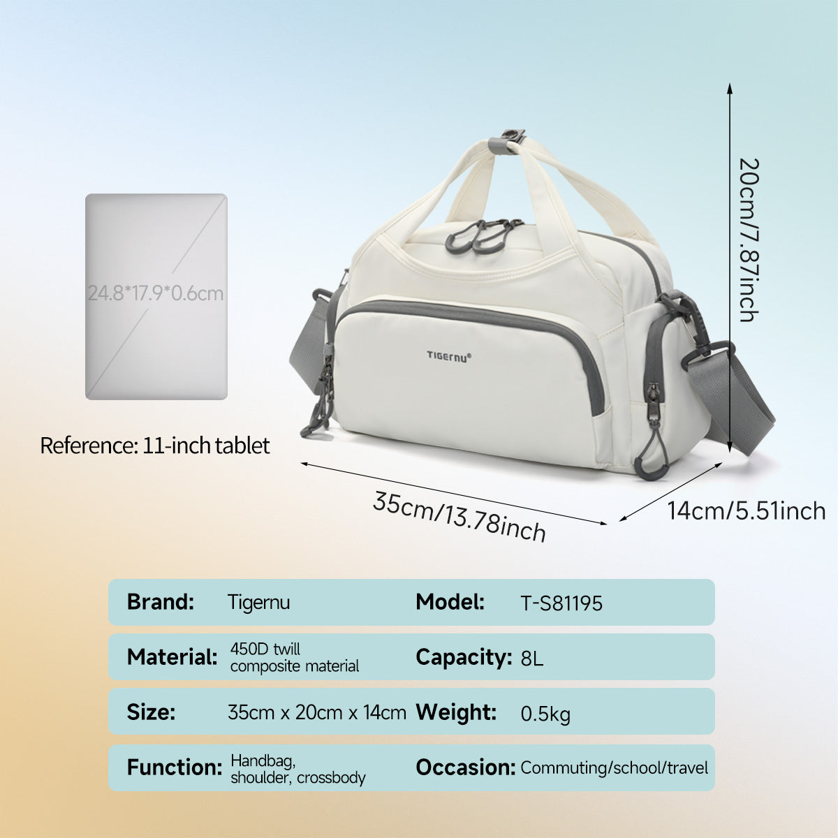 TIGERNU T-S81195 Sac à main polyvalent 8 L à compartiments multiples avec bretelles ergonomiques