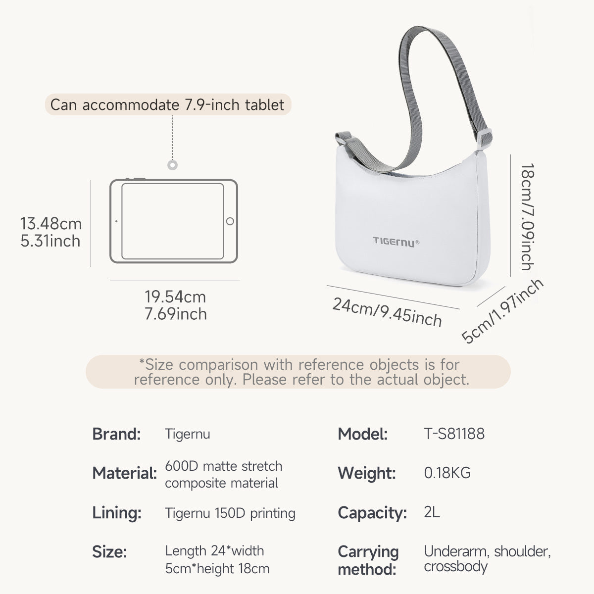 TIGERNU T-S81188 Sac à bandoulière compact 2 L compatible tablette multi-compartiments