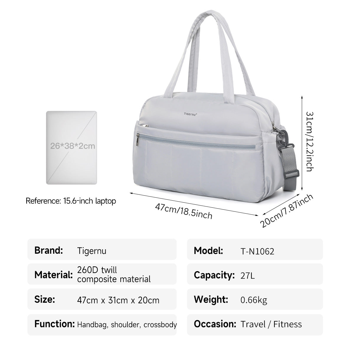 TIGERNU T-N1062 Multi-Compartment Travel Tote Bag with Shoulder Strap