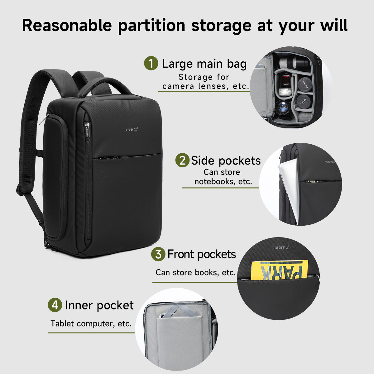 TIGERNU T-B91020 Professional Camera Backpack with Side Cache & Customizable Partitions