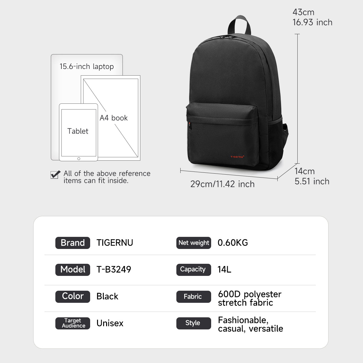 TIGERNU T-B3249 Laptop Backpack - 14L Capacity Business Travel Bag with USB Charging Port