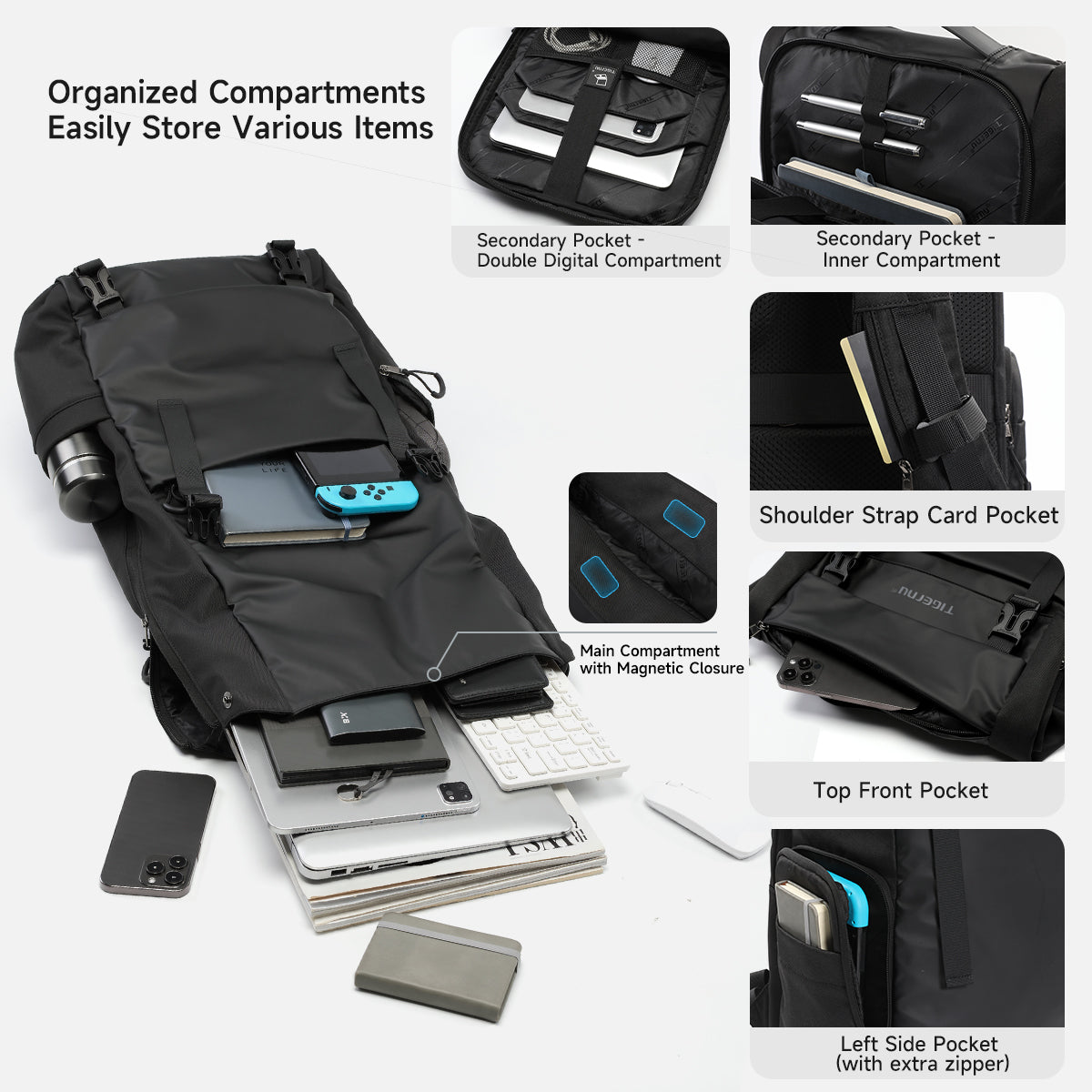 TIGERNU T-B91025 Expandable Travel Backpack 28-38L Laptop Compatible