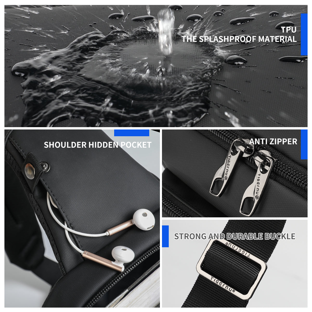 Tigernu Bulletproof fashion chest sling bag men wholesale Sling Bag sling shoulder crossbody BAG large capacity 9.6 inch black TPU